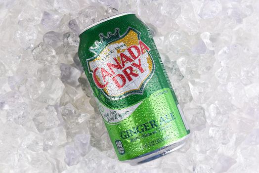 IRVINE, CALIFORNIA - MARCH 21, 2018: A can of Canada Dry Ginger Ale on ice. John J. McLaughlin formulated his Ginger Ale to be less sweet than others and as a result, he labeled it dry.