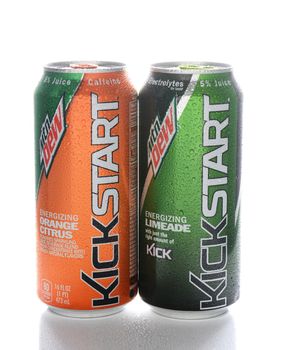 IRVINE, CA - FEBRUARY 7, 2015: Two cans of MTN Dew Kickstart breakfast drink. From PepsiCo Kickstart is marketed as a healthier way to start your day rather than energy drinks.