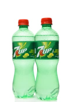 IRVINE, CALIFORNIA - AUGUST 19, 2019: Two 7-up lemon lime soda bottles on white.