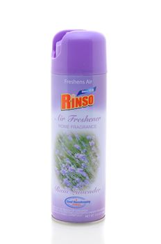 IRVINE, CALIFORNIA - 31 JAN 2011: Single aerosol can of Rinso Rain Lavender Air Freshener on a white background