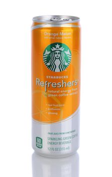 IRVINE, CA - January 11, 2013: A 12 oz can of Starbucks Orange Melon Refreshers Energy Beverage. Seattle based Starbucks is the largest coffeehouse company in the world, with over 20,000 stores in 62 countries.