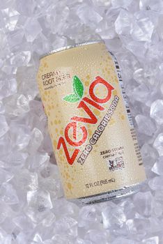 IRIVNE, CALIFORNIA - 17 JUL 2021: A cold can of Zevia Creamy Root Beer Zero Calorie Soda, in a bed of ice.