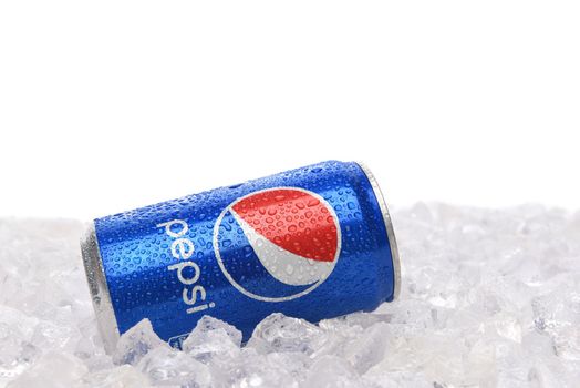 IRVINE, CALIFORNIA - JUNE 28, 2019: A 7.5 ounce cans of Pepsi Cola in ice with white background.