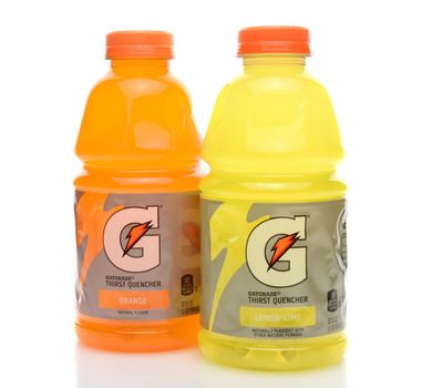 IRVINE, CA - SEPTEMBER 22, 2014: Two bottles of Gatorade Thirst Quencher. The beverage was first developed in 1965 by a team of researchers at University of Florida.