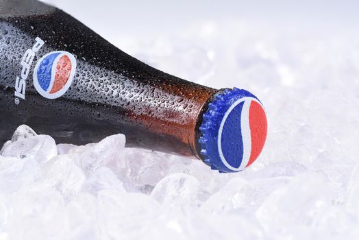 IRVINE, CALIFORNIA - FEBRUARY 7, 2017: Pepsi-Cola Bottle on ice. Pepsi is one of the leading producers of soda and soft drinks in the USA.