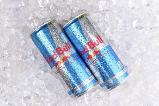IRVINE, CALIFORNIA - AUGUST 19, 2019: Two Red Bull Sugar Free Energy Drink cans in ice.