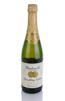 IRVINE, CA - January 11, 2013: Photo of a 25.4 ounce bottle of Martinelli's Sparkling Cider. Based in Watsonville, California since 1868 they are non-alcoholic sparkling cider and apple juice.