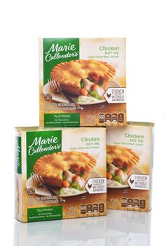 IRVINE, CALIFORNIA - 8 APRIL 2020: Three boxes of Marie Callenders Chicken Pot Pie. 