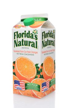 IRVINE, CA - MAY 25, 2014: A 59 ounce carton of Floridas Natural Orange Juice. Florida's Natural Growers is a cooperative based in Lake Wales, Florida, with over 1,100 grower members.