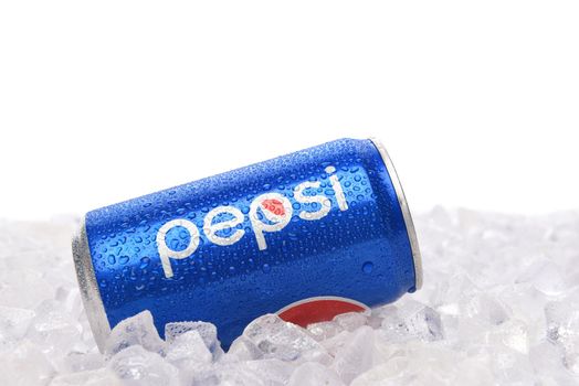 IRVINE, CALIFORNIA - JUNE 28, 2019: A 7.5 ounce cans of Pepsi Cola in ice with white background. 