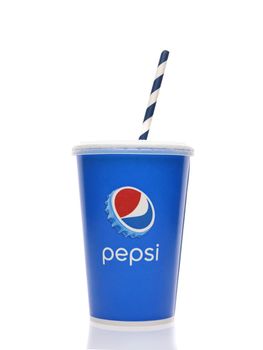 IRVINE, CALIFORNIA - AUGUST 14, 2019: A Pepsi paper disposable cup with paper straw.