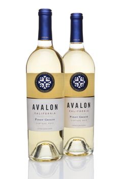 IRVINE, CA - JUNE 23, 2014: Two bottles of Avalon Pinot Grigio Wine. From the Purple Wine Company in Graton, California, Avalon sources it's grapes from premiere vineyards in the state.
