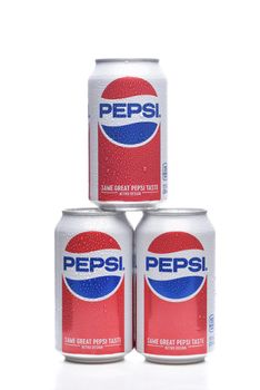 IRVINE, CALIFORNIA - MAY 23, 2018: Three cans of Pepsi-Cola. Pepsi is one of the leading soft drink manufacturers in the world.