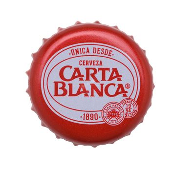 IRVINE, CALIFORNIA - 4 JUNE 2020: Closeup of a Carta Blanca beer bottle cap on white.