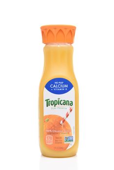 IRVINE, CA - AUGUST 6, 2018: Tropicana Orange Juice 12 ounce bottle. Tropicana works with more than 12 established Florida groves, and is the largest single buyer of Florida fruit.