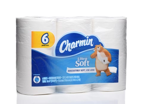 IRVINE, CALIFORNIA - 16 MARCH 2020: A 6 Jumbo Rolls package of Charmin Ultra Soft Bathroom Tissue. 