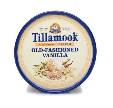 IRVINE, CA - JUNE 23, 2014: A carton of Tillamook Vanilla Ice Cream. Tillamook, with over 25 varieties, has been making premium ice cream since 1947.