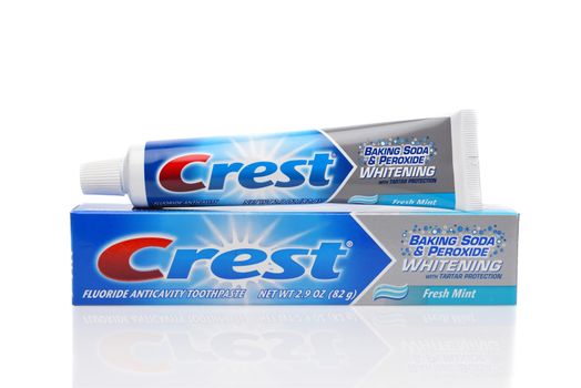 IRVINE, CALIFORNIA - AUGUST 20, 2019: A tube of Crest Fluoride Anticavity Whitening Toothpaste with Baking Soda and Peroxide, Fresh Mint flavor.