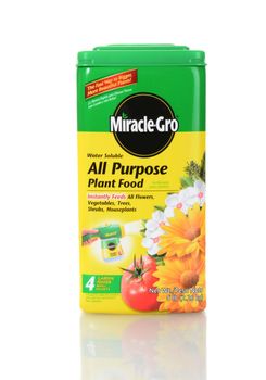 IRVINE, CALIFORNIA - JUNE 26, 2014: A box of Miracle-Gro Al Puropse Plant Food. From Scotts an industry leader in the lawn and garden market. 