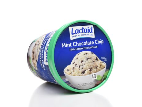 IRVINE, CA - AUGUST 6, 2018: A carton of Lactaid Lactose Free Mint Chocolate Chip Ice Cream. Lactaid makes a full line of lactose free dairy products that can be enjoyed without stomach discomfort.