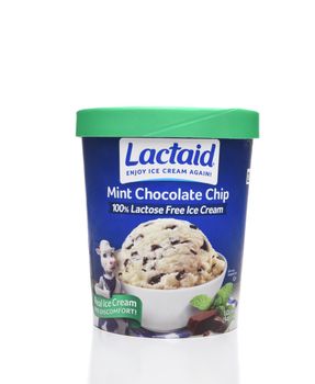 IRVINE, CA - AUGUST 6, 2018: A carton of Lactaid Lactose Free Mint Chocolate Chip Ice Cream. Lactaid makes a full line of lactose free dairy products that can be enjoyed without stomach discomfort.