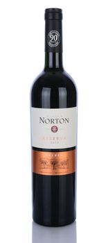 IRVINE, CA - January 29, 2014: A bottle of 2010 Bodega Norton Malbec Reserva. This award winning winery located in Mendoza, Argentina was founded in 1895 with vines imported form France.