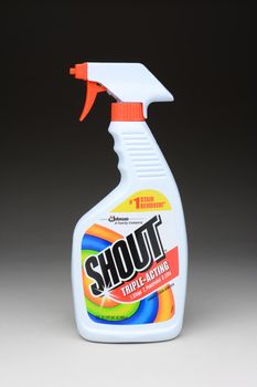 IRVINE, CA - January 11, 2013: A 22 oz bottle of Shout Laundry Stain Remover. Shout products are designed to help remove stains from clothing.