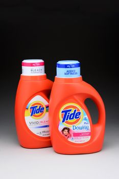 IRVINE, CA - January 11, 2013: Two 50 ounce bottles of Tide liquid detergent. Tide has more than 30% of the liquid-detergent market, with more than twice as much in sales as the second most-popular brand.