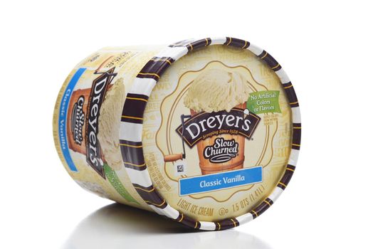 IRIVNE, CALIFORNIA - 4 JULY 2021: A Carton of Dreyers Slow Churned Classic Vanilla Ice Cream on its side. 