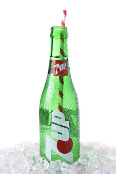 IRVINE, CA - MARCH 12, 2018: A glass 7-Up bottle. A lemon-lime flavored, non-caffeinated soft drink. The rights to the brand are held by Dr Pepper Snapple Group in the USA, and PepsiCo elsewhere. 