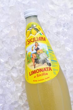 IRVINE, CALIFORNIA - DEC 10, 2018: Closeup of a  bottle of A Siciliana Limonata, a carbonated lemon soda from Italy.