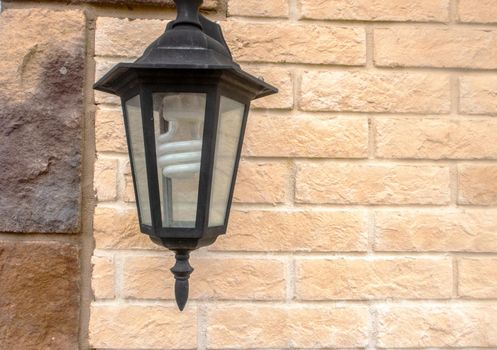 Vintage Old Street Classic Iron Lantern On The House Wall, Close Up