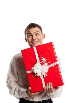 portrait of smiling man holding gift isolated on white background