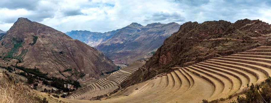 Panorama of aged agricultural terraces at the Incan ruined fortress of Pisac, Peru