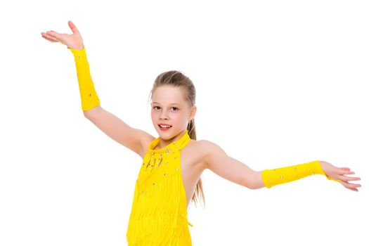 Little girl gymnast in a beautiful sports swimsuit for competitions, close-up. The concept of sport and fitness, a happy childhood. Isolated on white background.