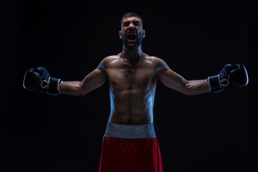 Oriental boxer celebrating his victory with raised arms in black gloves on black background. Professional fighter won in boxing match.