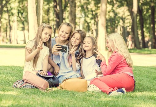 Beautiful teens sitting on the grass in the park and taking cute friendly selfie