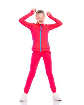 A gymnast girl prepares for the exercise. The concept of childhood and sport, a healthy lifestyle. Isolated on white background.