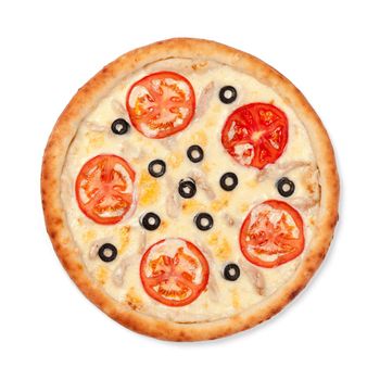 Top view of round pizza isolated on white background