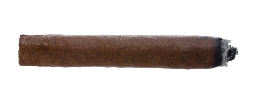 Burning hand rolled cigar isolated on white background