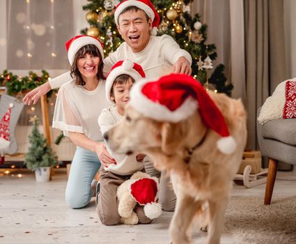 Happy family posing near christmas tree while golden retriever dog is passing by in front of camera