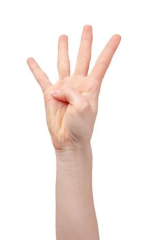 Female hand showing four fingers isolated on white background