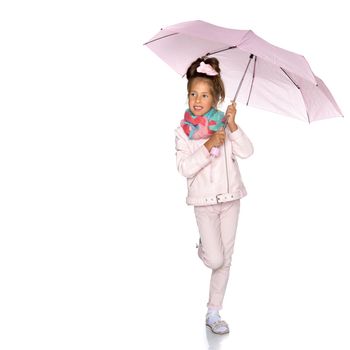 A nice little girl hid under an umbrella. The concept of a happy childhood, outdoor recreation, protection from bad weather. Isolated on white background.
