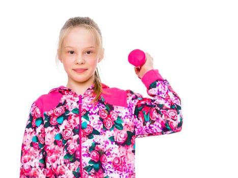 A cute little girl doing exercises with dumbbells. The concept of strength, health and sport. Isolated on white background.