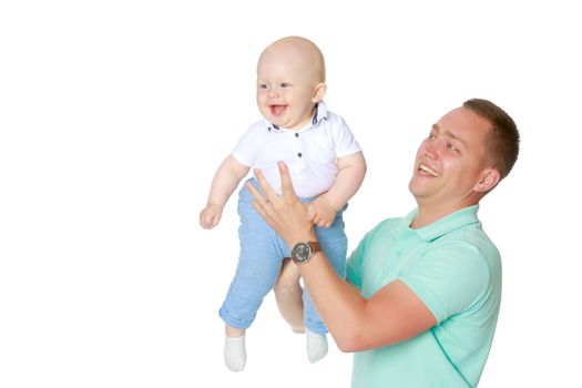 Dad holds the baby in his arms. The concept of educating the father of young children, Happy childhood, a friendly family. Isolated on white background.