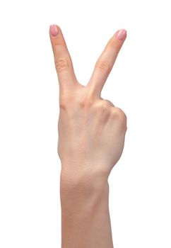 Female hand showing two fingers isolated on white background
