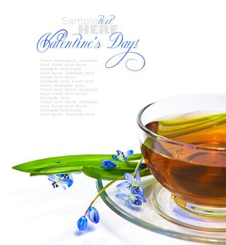 Tea in a transparent cup and flowers on a white background