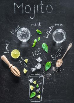 Mojito and ingredients for its preparation on a black background