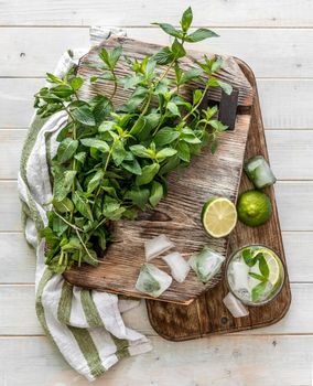 Mint leaves, cut lime and ice cubes, a glass of refreshing mojito, topview