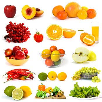 Vegetables and fruits collection on white background